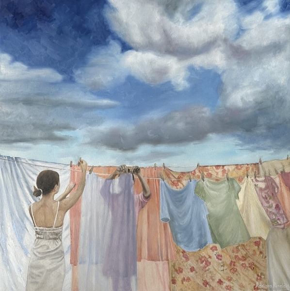 Ladies on the Line, 30x30, Oil on Canvas on Board